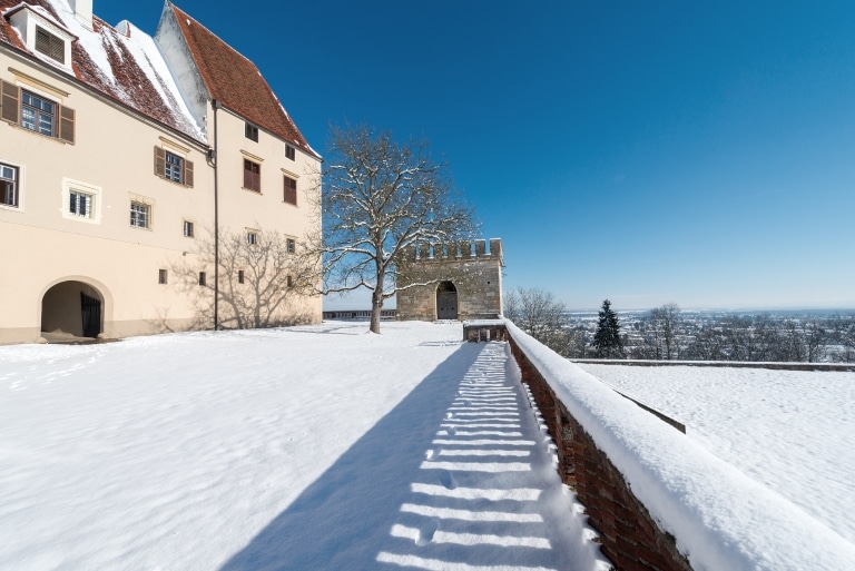 Die Glockenwiese des Schloss Seggau im winterlichen Ambiente mit Blick auf das Schloss und den Glockenturm