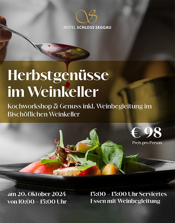 Flyer zum Kochkurs im Bischöflichen Weinkeller von Schloss Seggau in Leibnitz in der Südsteiermark am 20 Oktober.